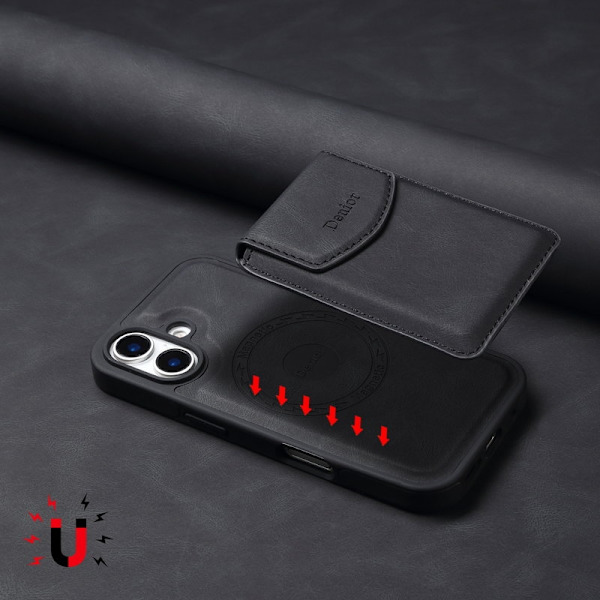 DENIOR D19 Mobilskal till iPhone 16 Plus Läder+PC+TPU Svart
