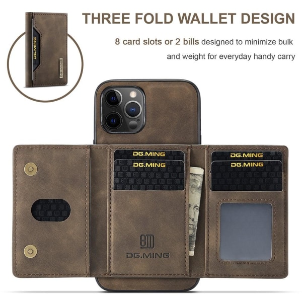 DG.MING iPhone 12 Pro Max Tri-fold Wallet Med Kickstand - Coffee