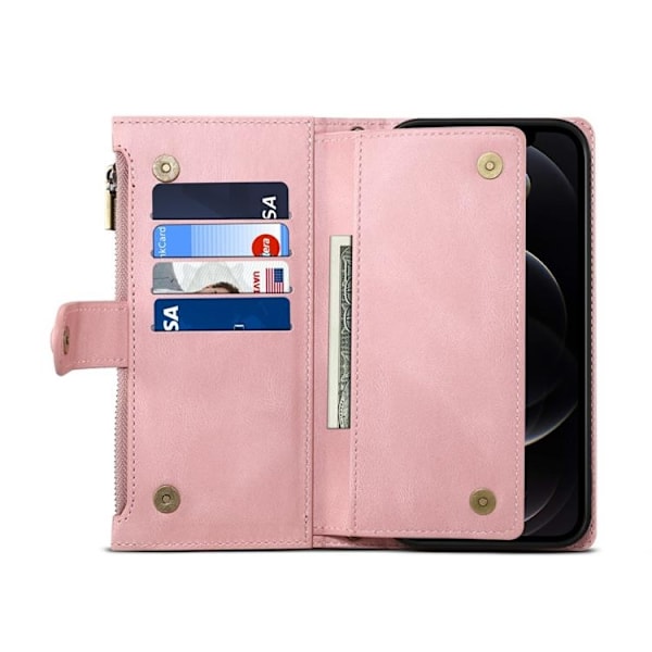 iPhone 14 Pro Max Plånboksfodral Flap Zipper Strap - Rosa