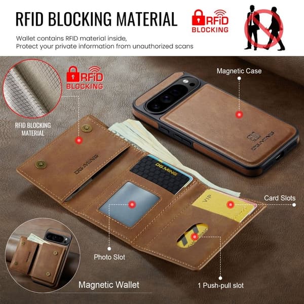 DG.MING M6 Series Konstläder Plånboksfodral för Google Pixel 10 Pro XL - Brun
