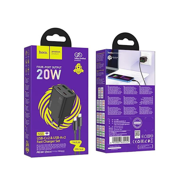 Hoco Snabbladdare PD 20W 2xUSB-A 2xUSB-C QC3.0 3A med Lightning Kabel N55