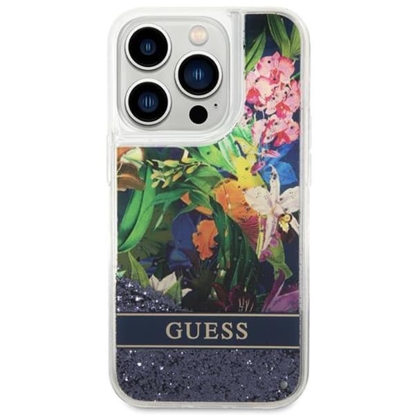 GUESS iPhone 14 Pro Kuori Flower Liquid Glitter - Sininen Blå