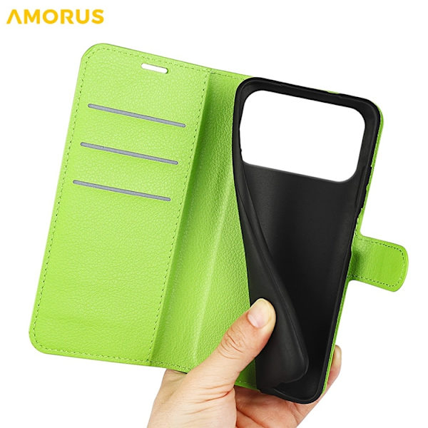 AMORUS iPhone 17 Pro Konstläder Plånboksfodral Flipstativ Litchi - Grön Grön