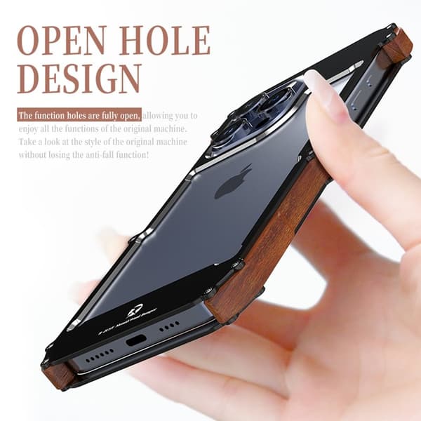 R-JUST Mobilskal till iPhone 15 Plus i Trä + Aluminiumlegering Svart