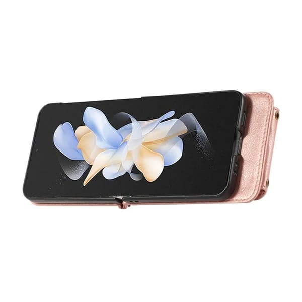 Galaxy Z Flip7 Plånboksfodral Ring Kickstand med Lång rem - Rosa Guld Roséguld