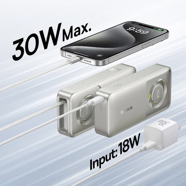 Baseus Powerbank 10000mAh 30W USB-C Kabel Free2Pull Grå