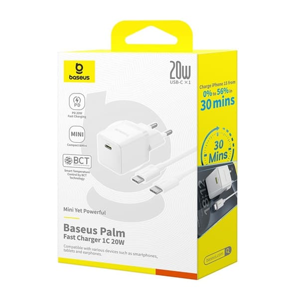 Baseus Snabbladdare USB-C 20W Mini USB-C Kabel 60W 1m - Vit Vit