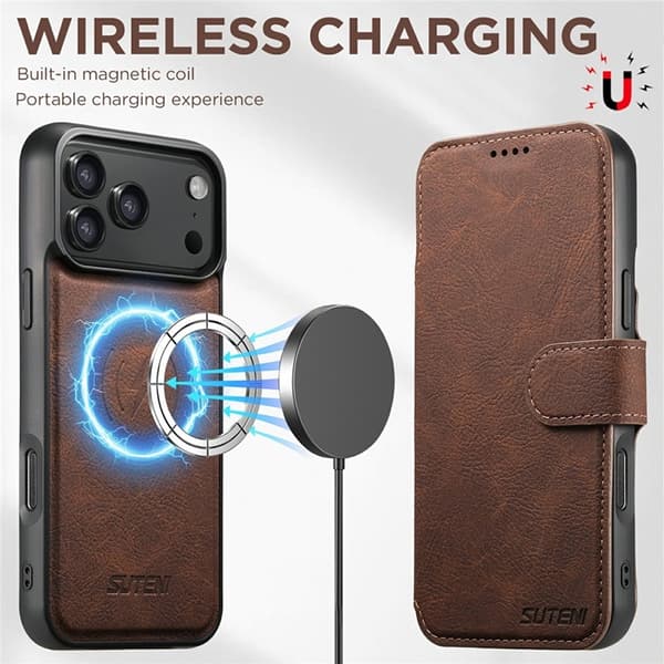 SUTENI iPhone 17 Pro Konstläder Plånboksfodral Detachable Q-05 - Brun Brun