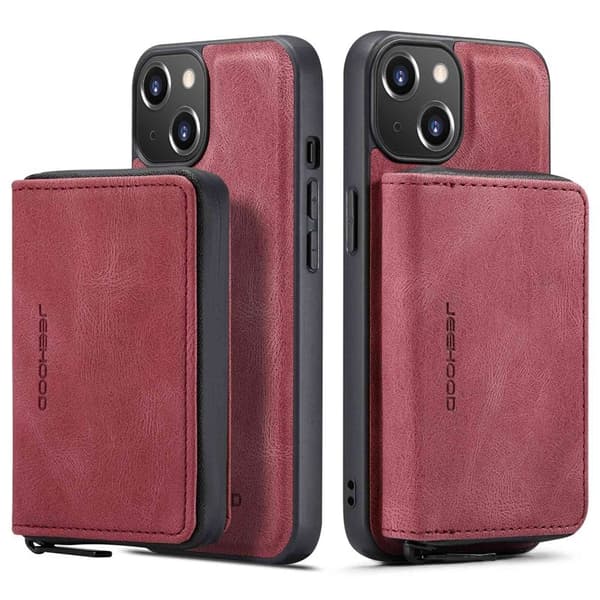 JEEHOOD ZippeRöd Plånboksfodral iPhone 14 Röd Konstläder TPU