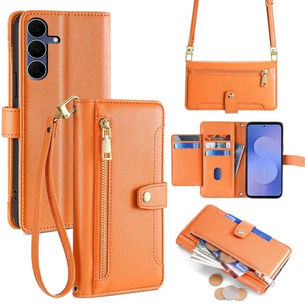 Galaxy S25 FE Konstläder Plånboksfodral med 2 Rem - Orange Orange