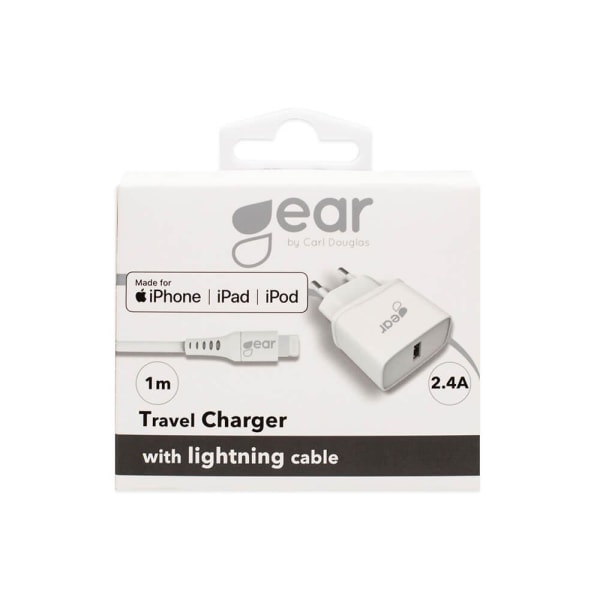 GEAR - Laddare 220V 1xUSB 2,4A Vit Lightning Kabel 1m MFI C89 Vit