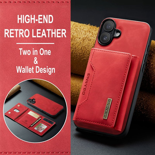 DG.MING iPhone 16 Plus Konstläder Plånboksfodral PU+PC+TPU Röd