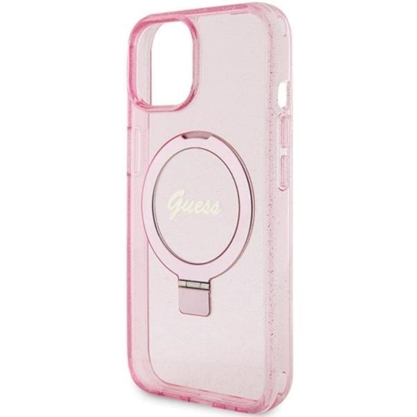 Guess iPhone 15/14 Plus Mobilskal Magsafe Ringställ Script Glitter - Rosa