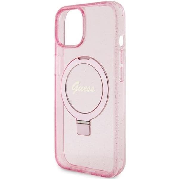 Guess Mobilskal till iPhone 15/14 Plus Magsafe Ringställ Script Glitter - Rosa Rosa