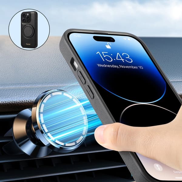 DENIOR Mobilskal till iPhone 16 Pro Max Magnetisk Ställning Äkta Läder Svart