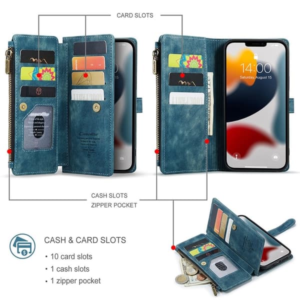 CASEME Konstläder Plånboksfodral för iPhone 13 Pro Max med rem - Grön