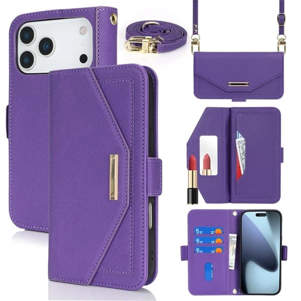 iPhone 17 Pro Konstläder Plånboksfodral Cross Texture med Axelrem - Lila Lila
