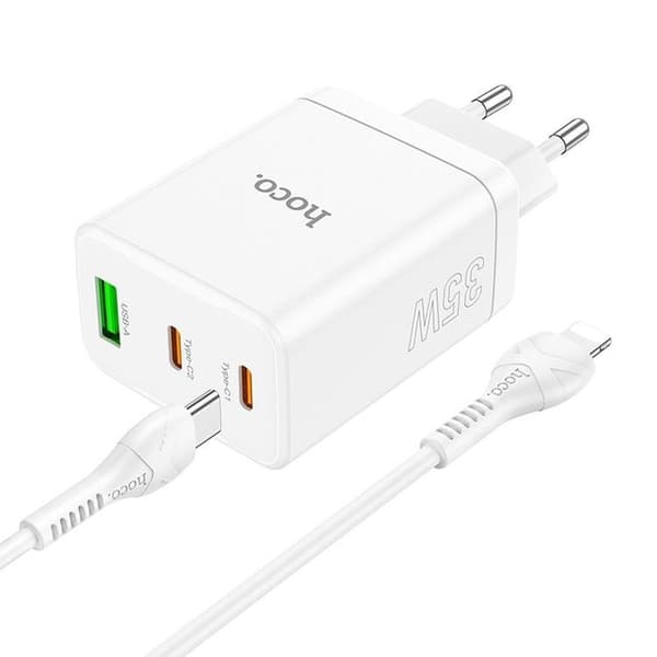Hoco Vægoplader 35W 2xType C - USB A med Type-C til Lightning-kabel 1m Vit