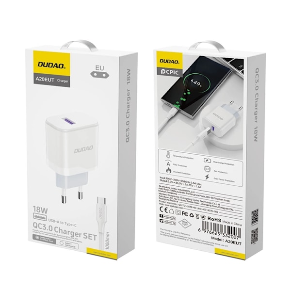 Dudao Väggladdare 18W Med USB-C Kabel - Vit Vit