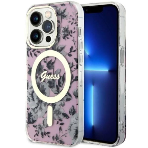 Guess iPhone 14 Pro -puhelimen kuori MagSafe Flower - Pinkki