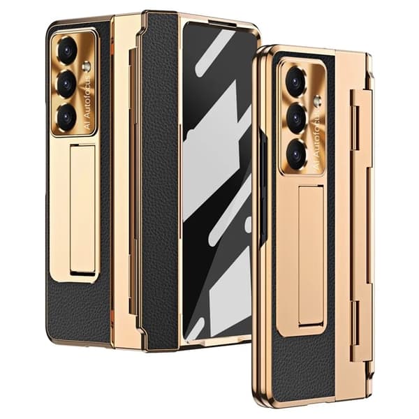 Mobilskal till Galaxy Z Fold7 5G läder + PC Kickstand - Guld+Svart Guld