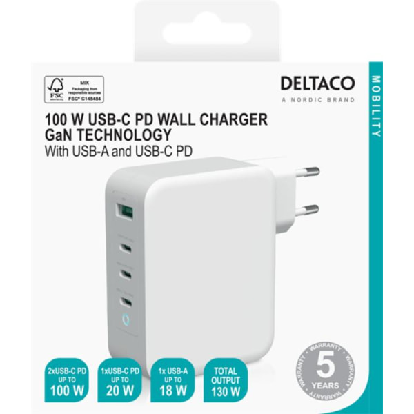 Deltaco Power Vægoplader USB-A Til 3x USB-C 130 W - Hvid