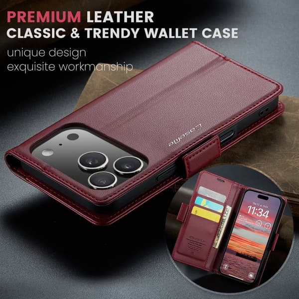 CASEME 023 iPhone 17 Pro Max Konstläder Plånboksfodral RFID-Skydd Röd