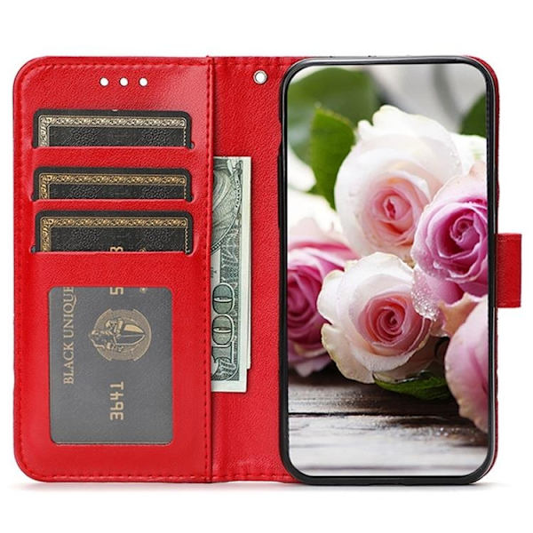Galaxy S25 Konstläder Plånboksfodral Imprinted Rosa Butterfly Röd