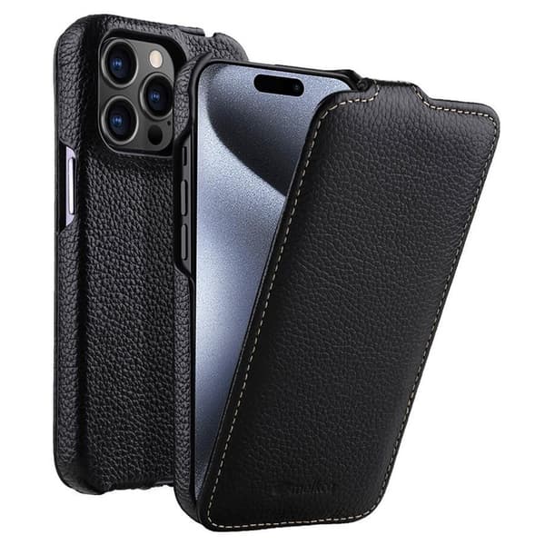 MELKCO Mobilskal till iPhone 15 Pro Litchi Textur Äkta Läder + PC - Svart