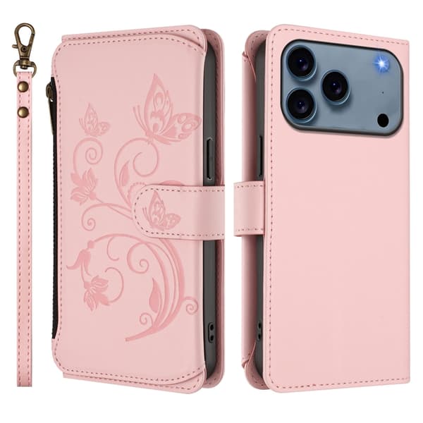 iPhone 17 Pro Max Plånboksfodral Butterfly Floral Imprint - Rosa Rosa