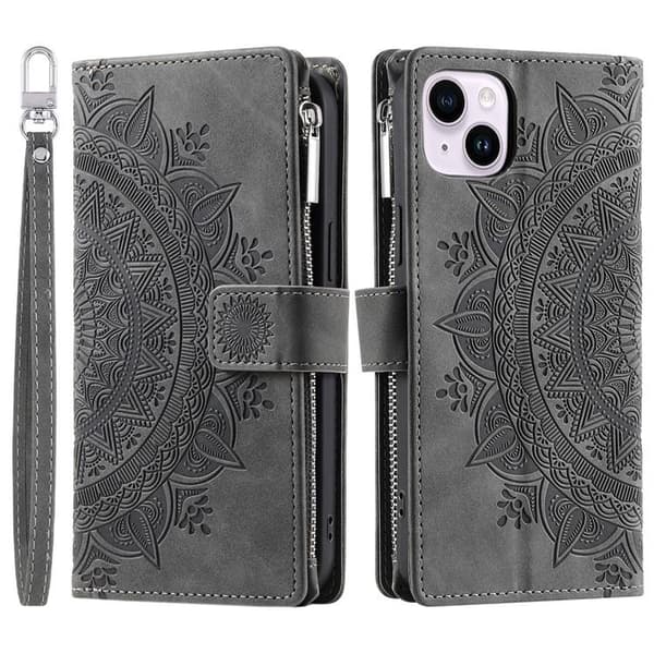 iPhone 15 Plus Pungeetui Mandala Flower Imprinted - Grå Grå