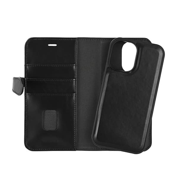 BUFFALO äkta läder iPhone 16 Plånboksfodral MagSafe 2-i-1 - Svart Black
