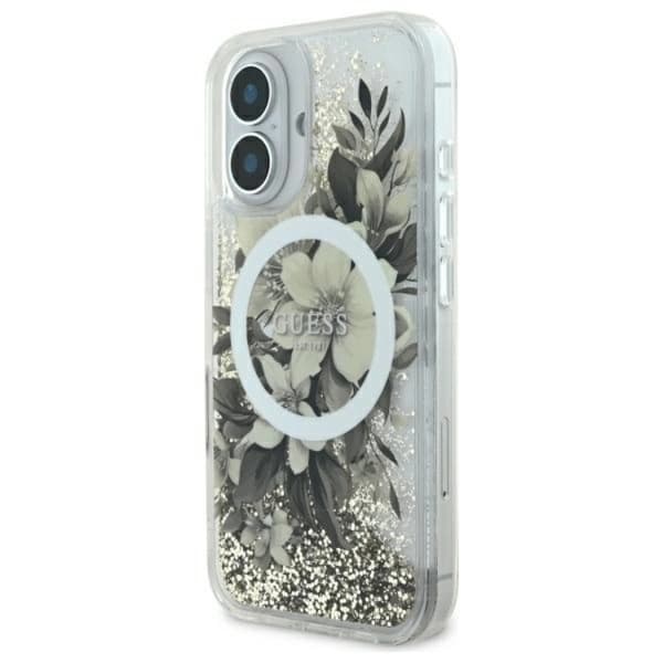 Guess telefontaske til iPhone 16 MagSafe Liquid Glitter Flower Beige