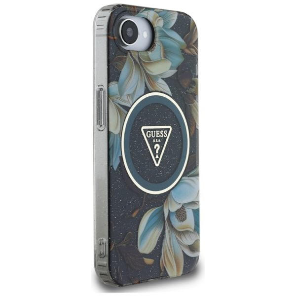 Guess Telefontaske til iPhone 16e Magsafe Glitter Flower - Sort