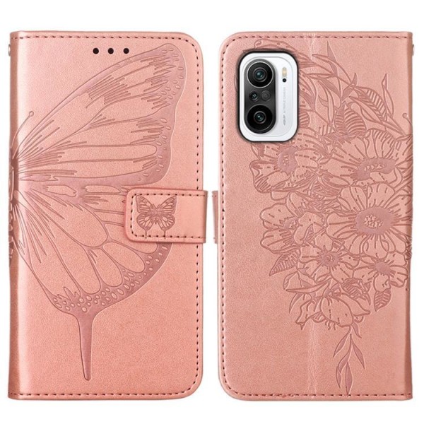 Butterfly Flower Imprinted Tegnebogsetui Xiaomi 12 Pro - Rosa G