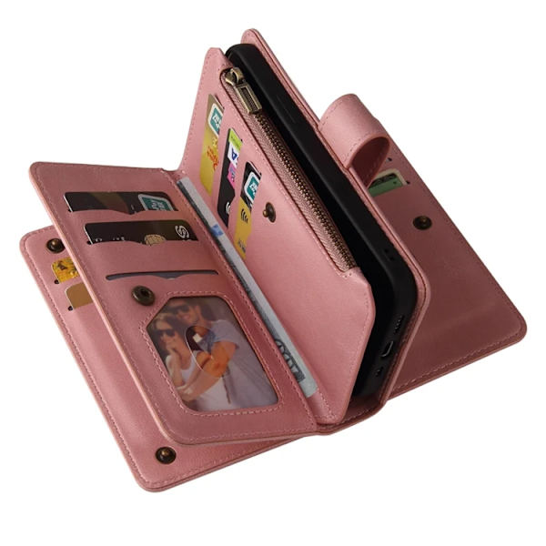 iPhone 17 Pro Konstläder Plånboksfodral Zipper Rem Rosa