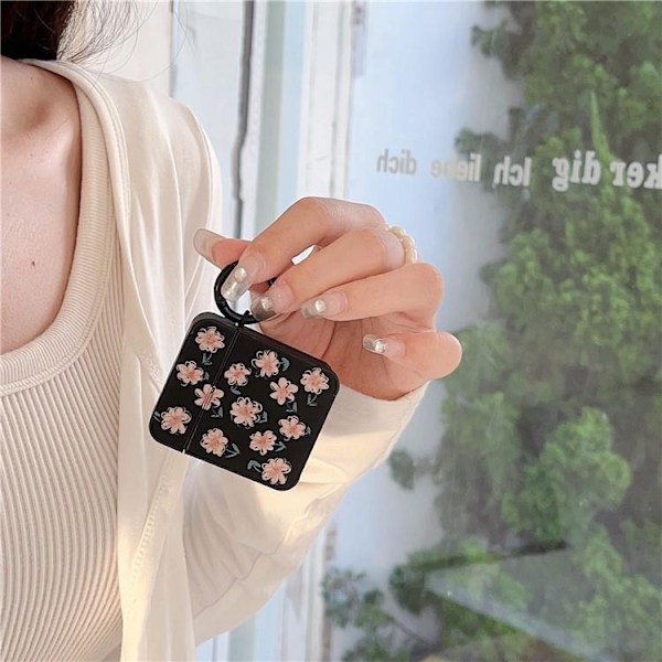 Airpods 1/2 Skal TPU Läder Floral - Svart/Rosa Svart