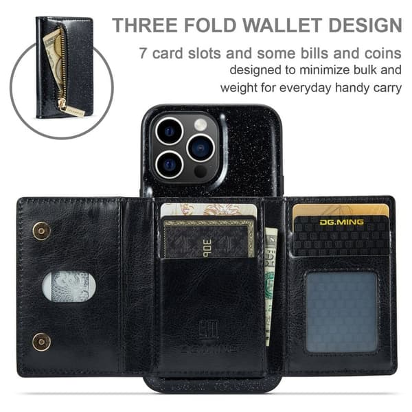 DG.MING M3 iPhone 15 Pro Kickstand Plånboksfodral Glitter Konstläder Svart