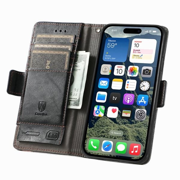 CASENEO iPhone 16e Plånboksfodral Konstläder Ställ med RFID - Svart