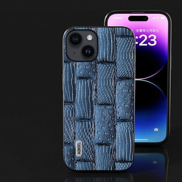 ABEEL Mobilskal till iPhone 15 Plus Mahjong Textur Äkta Läder Blå