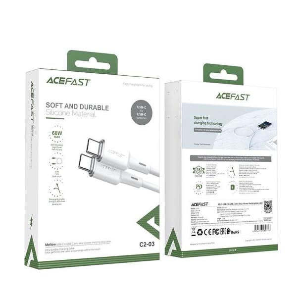Acefast USB-C till USB-C Kabel 60W 1.2m - Vit