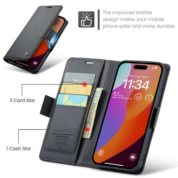 CASEME iPhone 16 Pro Max Plånboksfodral Konstläder RFID-Skydd Svart