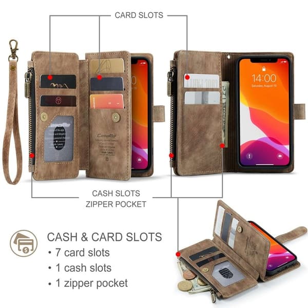 CASEME Konstläder Plånboksfodral för iPhone 12 mini med rem - Brun