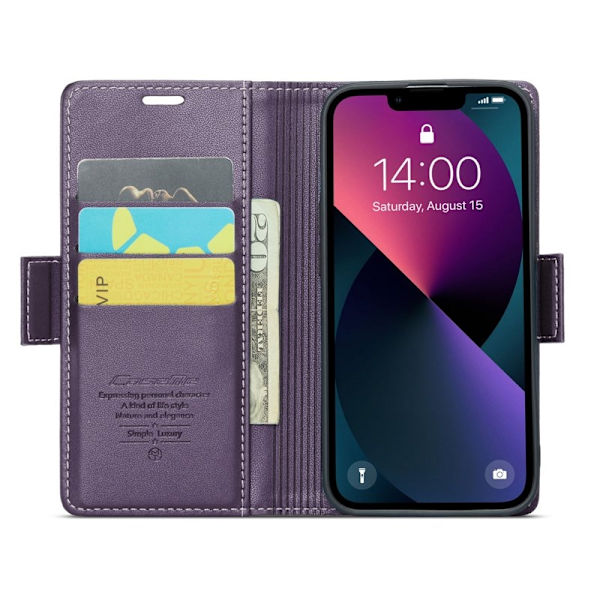 CASEME iPhone 14 Plånboksfodral Konstläder RFID-Skydd Lila
