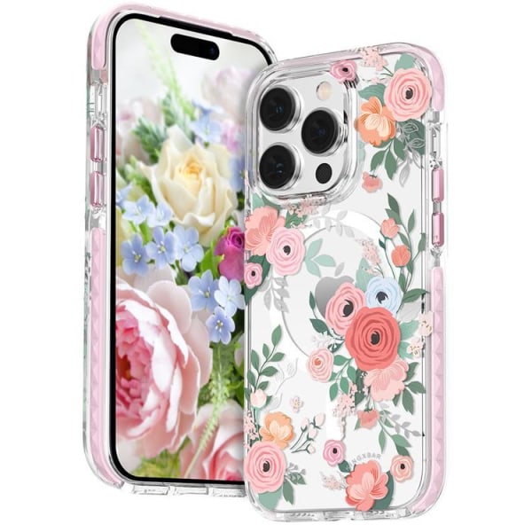 Kingxbar iPhone 14 -kotelo Magsafe Flora - vaaleanpunainen