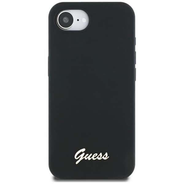 Guess telefontaske til iPhone 16e MagSafe Silicone Script Metal Logo Svart
