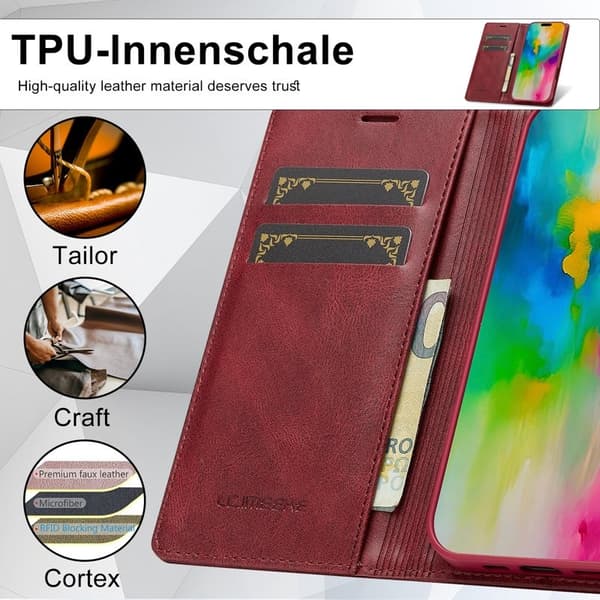 LC.IMEEKE iPhone 16 Plånboksfodral Konstläder - RFID, Kortfack - Röd