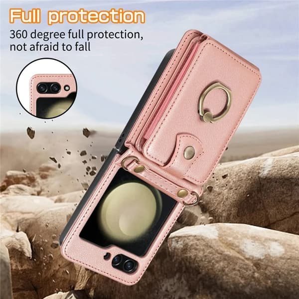 Galaxy Z Flip7 Plånboksfodral Ring Kickstand med Lång rem - Rosa Guld Roséguld