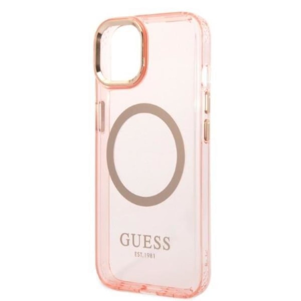 GUESS iPhone 14 Skal MagSafe Gold Outline Translucent - Rosa