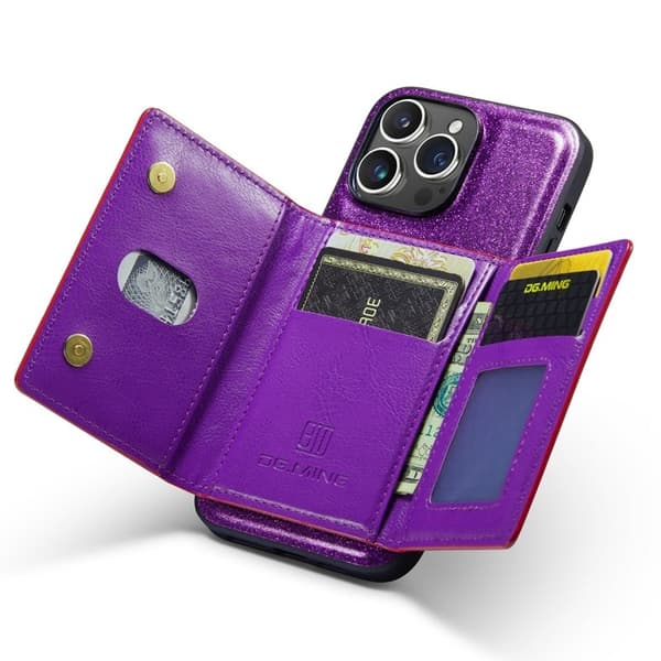 DG.MING M3 Series iPhone 15 Pro Konstläder Plånboksfodral Kickstand Lila